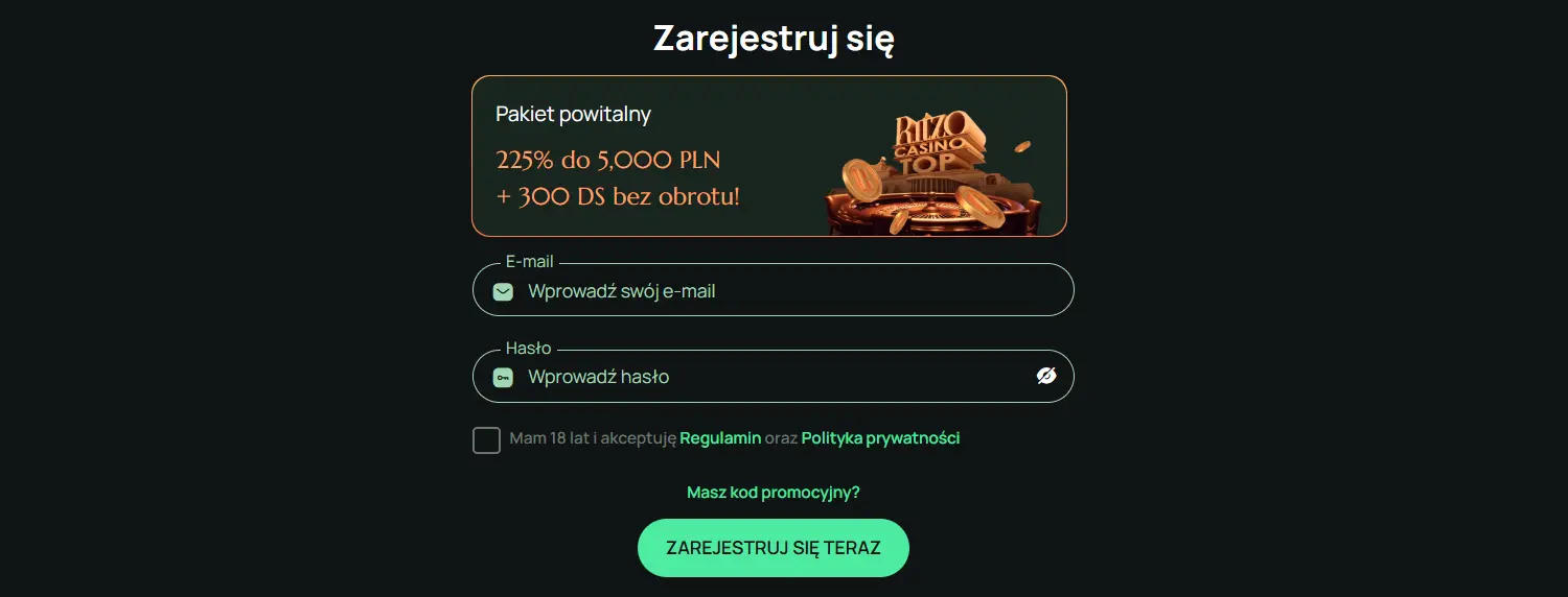 Ritzo — formularz rejestracji; pakiet powitalny 225% do 5 000 PLN + 300 darmowych spinów bez obrotu