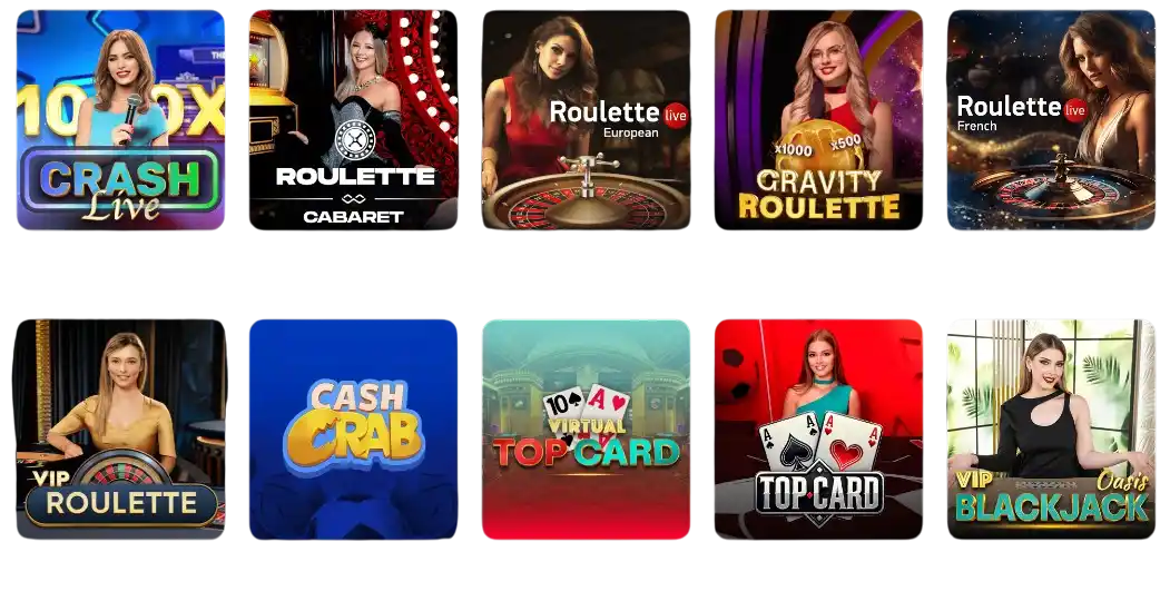 Ritzo Casino – gry na żywo i stołowe: Crash Live, Roulette Cabaret, Roulette Live European, Gravity Roulette, Roulette Live French, VIP Roulette, Cash Crab, Virtual Top Card, Top Card, VIP Blackjack Oasis